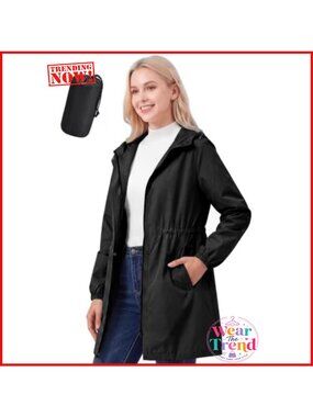 Women's Long Waterproof Packable Raincoat Hooded Trench Coat